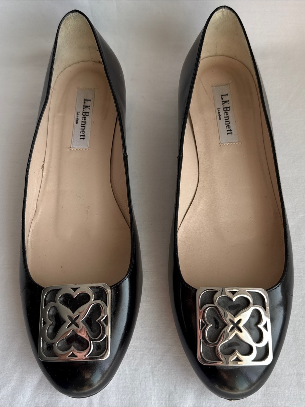 LK Bennett Black Patent Leather Ballet Flats with Decorative Silver Medallion